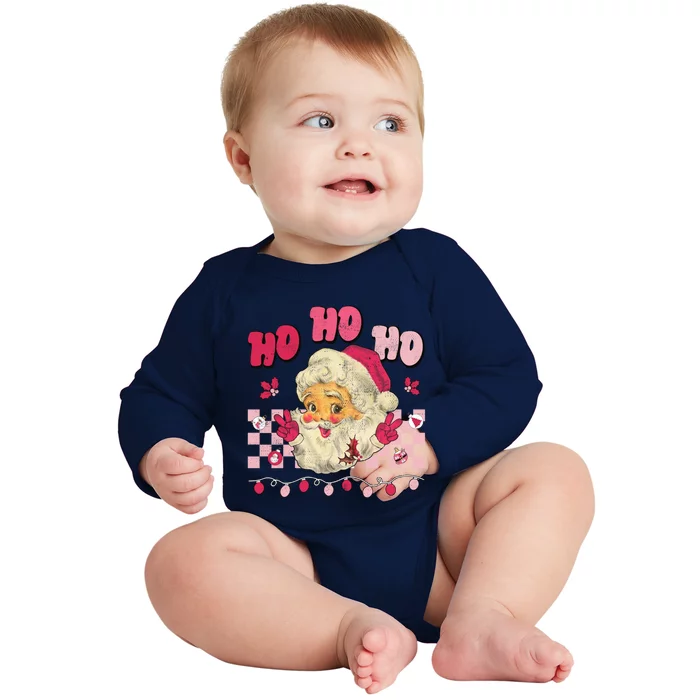 Groovy Retro Christmas Pink Santa Claus Peace Signs Hippie Gift Baby Long Sleeve Bodysuit