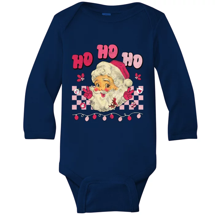 Groovy Retro Christmas Pink Santa Claus Peace Signs Hippie Gift Baby Long Sleeve Bodysuit