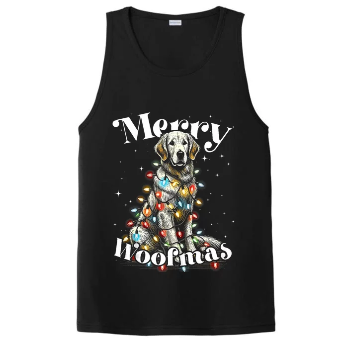 Golden Retriever Dog Merry Woofmas Christmas Lights Sant Hat Tank Top Performance Tank