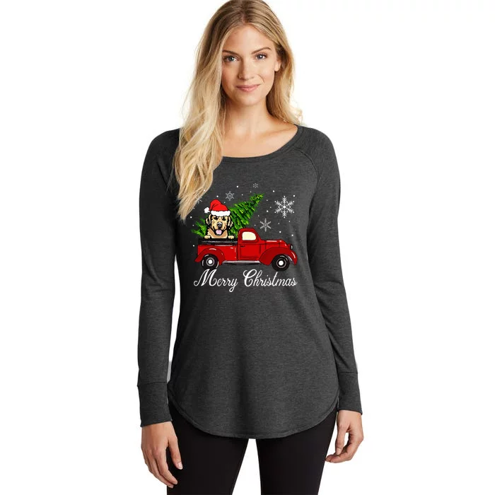 Golden Retriever Dog Riding Red Truck Christmas Decorations Women's Perfect Tri Tunic Long Sleeve Shirt