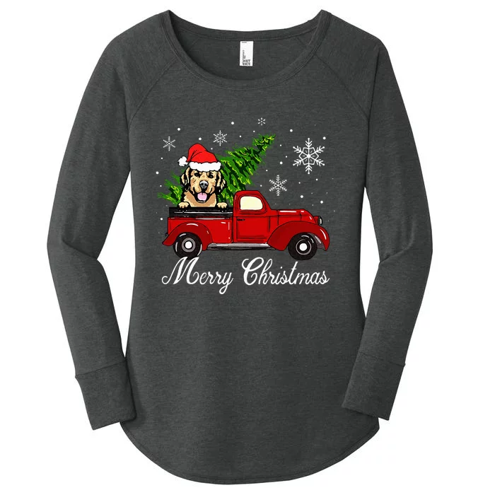 Golden Retriever Dog Riding Red Truck Christmas Decorations Women's Perfect Tri Tunic Long Sleeve Shirt