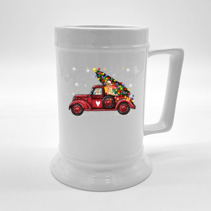 Golden Retriever Dog Love Red Pickup Truck Christmas Gift Front & Back Beer Stein