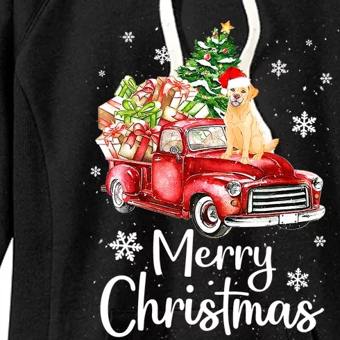 Golden Retriever Dog Riding Red Truck Christmas Tree Xmas Women's Fleece Hoodie