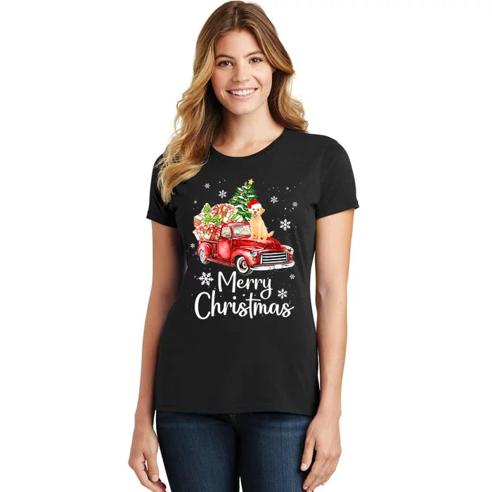 Golden Retriever Dog Riding Red Truck Christmas Tree Xmas Women's T-Shirt