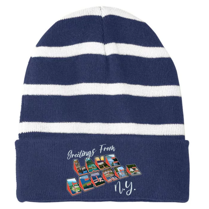 Greetings From Lake George New York NY Striped Beanie with Solid Band