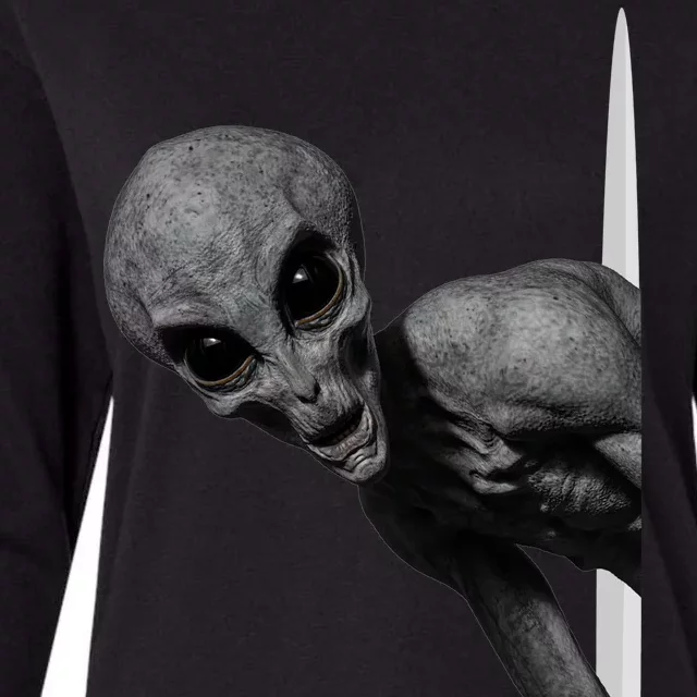 Grey Alien Peaking  Area 51 UFO Abduction Womens Cotton Relaxed Long Sleeve T-Shirt