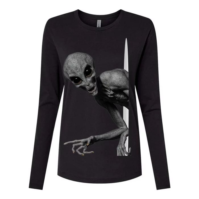 Grey Alien Peaking  Area 51 UFO Abduction Womens Cotton Relaxed Long Sleeve T-Shirt