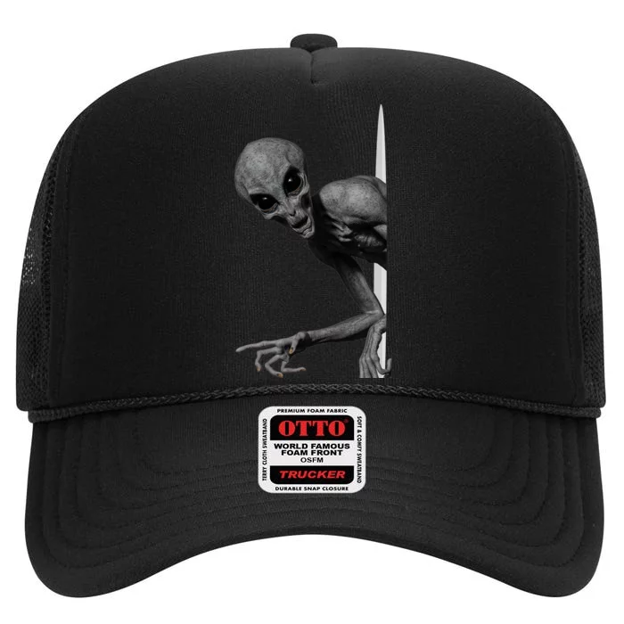 Grey Alien Peaking  Area 51 UFO Abduction High Crown Mesh Trucker Hat