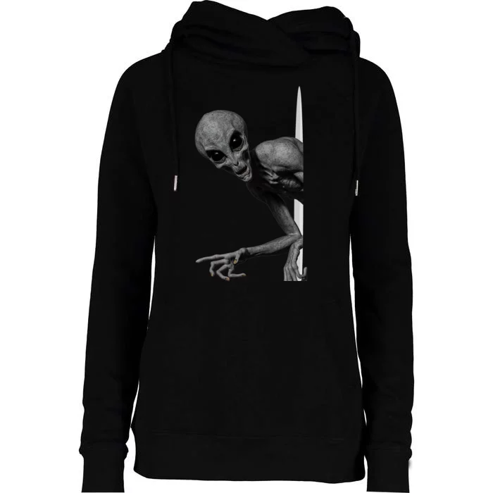 Grey Alien Peaking  Area 51 UFO Abduction Womens Funnel Neck Pullover Hood