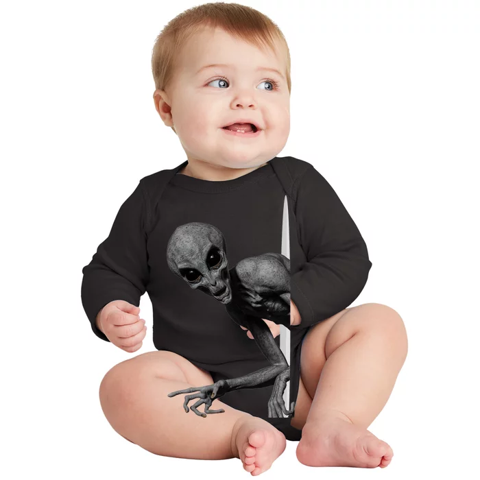 Grey Alien Peaking  Area 51 UFO Abduction Baby Long Sleeve Bodysuit