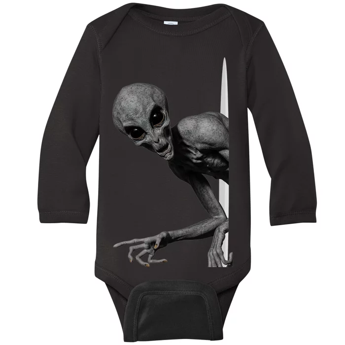 Grey Alien Peaking  Area 51 UFO Abduction Baby Long Sleeve Bodysuit