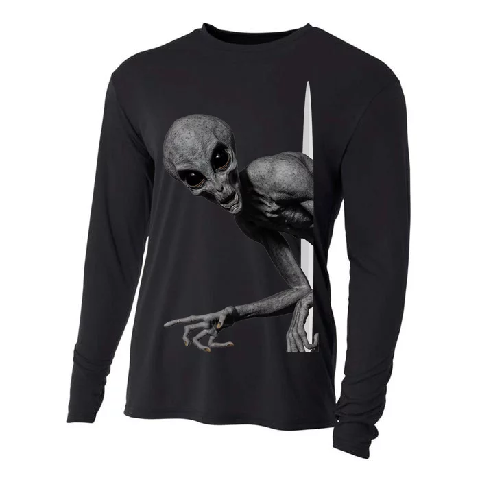 Grey Alien Peaking  Area 51 UFO Abduction Cooling Performance Long Sleeve Crew