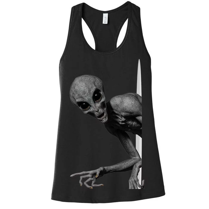 Grey Alien Peaking  Area 51 UFO Abduction Women's Racerback Tank