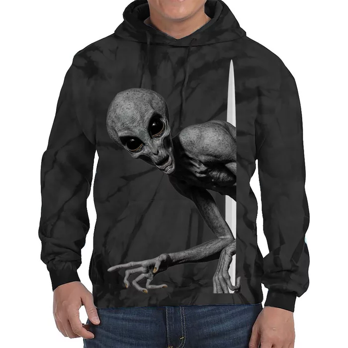 Grey Alien Peaking  Area 51 UFO Abduction Tie Dye Hoodie