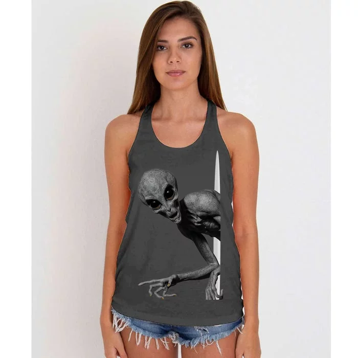 Grey Alien Peaking  Area 51 UFO Abduction Women's Knotted Racerback Tank