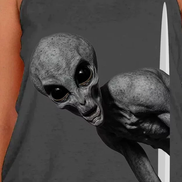 Grey Alien Peaking  Area 51 UFO Abduction Women's Knotted Racerback Tank