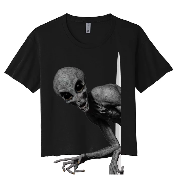 Grey Alien Peaking  Area 51 UFO Abduction Women's Crop Top Tee