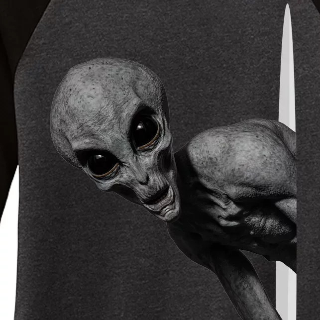 Grey Alien Peaking  Area 51 UFO Abduction Women's Tri-Blend 3/4-Sleeve Raglan Shirt