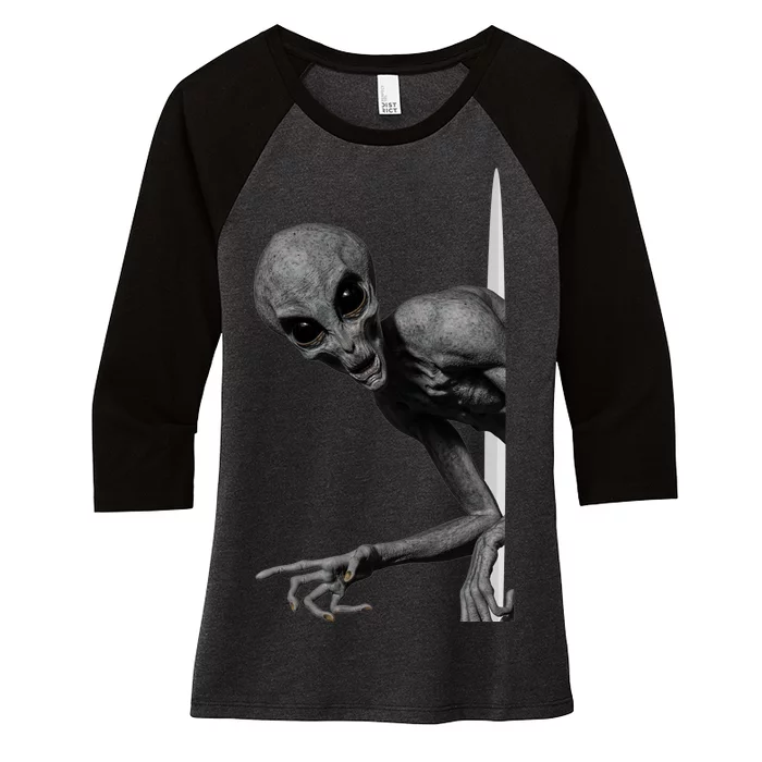 Grey Alien Peaking  Area 51 UFO Abduction Women's Tri-Blend 3/4-Sleeve Raglan Shirt