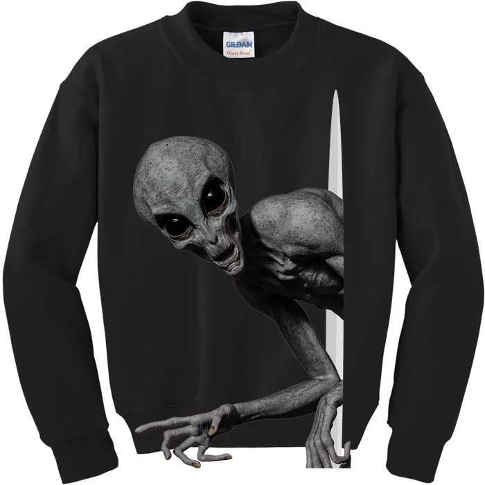 Grey Alien Peaking  Area 51 UFO Abduction Kids Sweatshirt