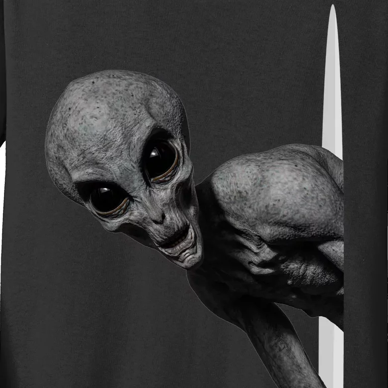 Grey Alien Peaking  Area 51 UFO Abduction Kids Long Sleeve Shirt