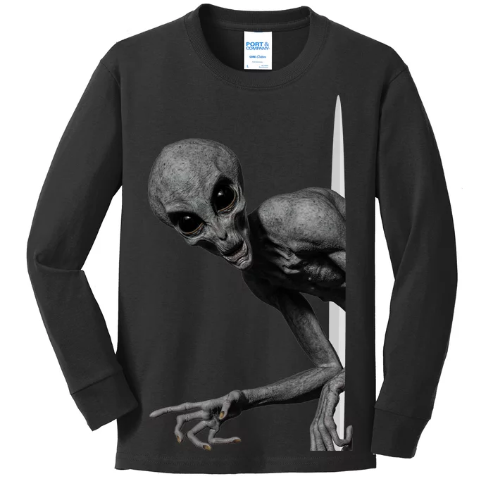 Grey Alien Peaking  Area 51 UFO Abduction Kids Long Sleeve Shirt