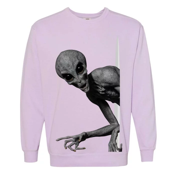 Grey Alien Peaking  Area 51 UFO Abduction Garment-Dyed Sweatshirt