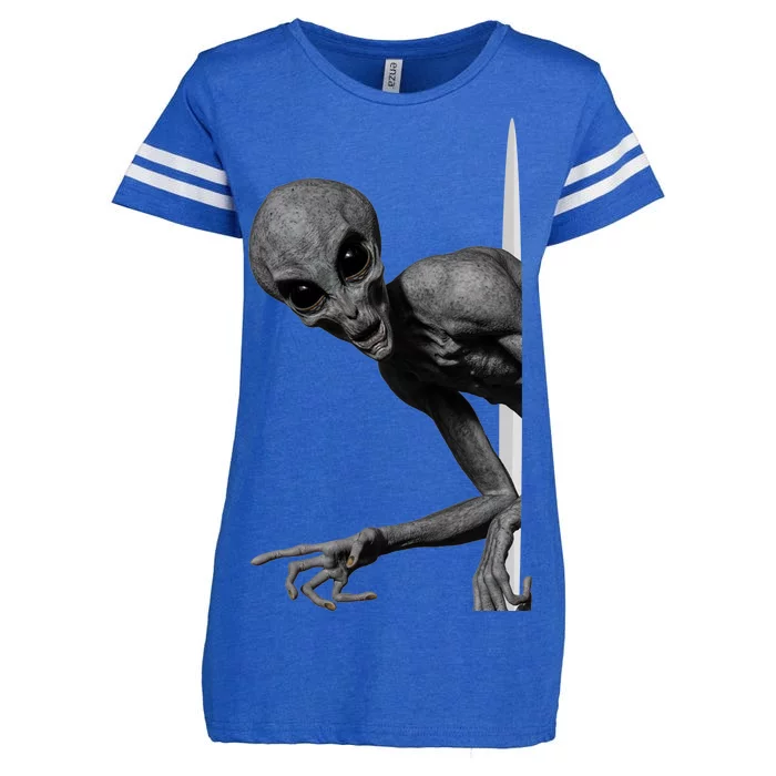 Grey Alien Peaking  Area 51 UFO Abduction Enza Ladies Jersey Football T-Shirt