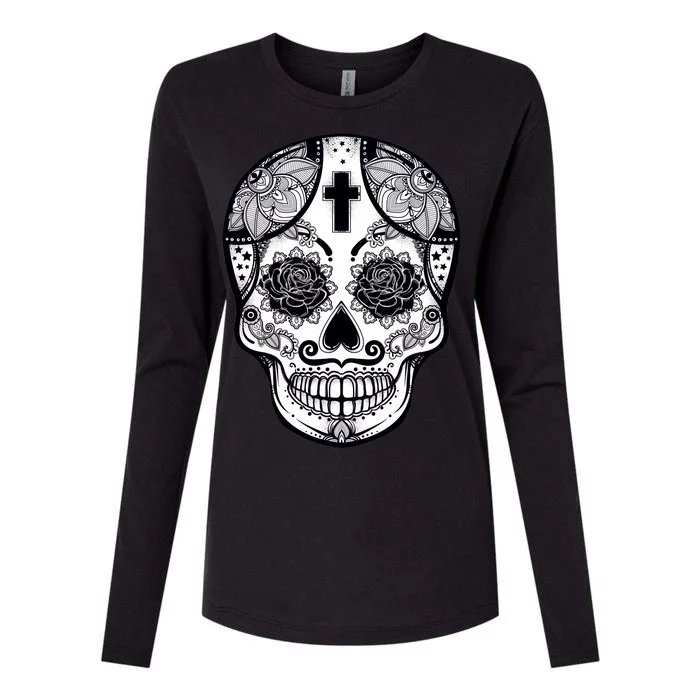 Grey Style Flower Skull Skeleton Graphic Womens Cotton Relaxed Long Sleeve T-Shirt