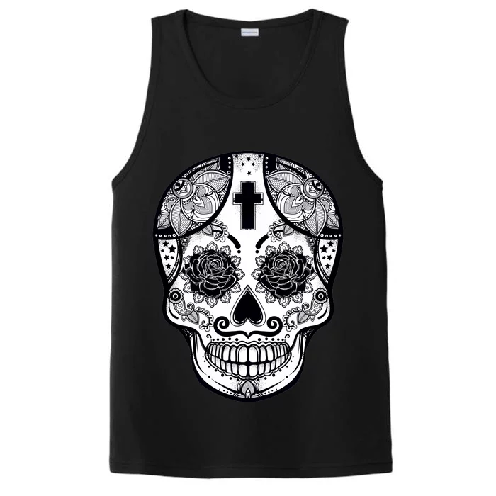 Grey Style Flower Skull Skeleton Graphic Performance Tank