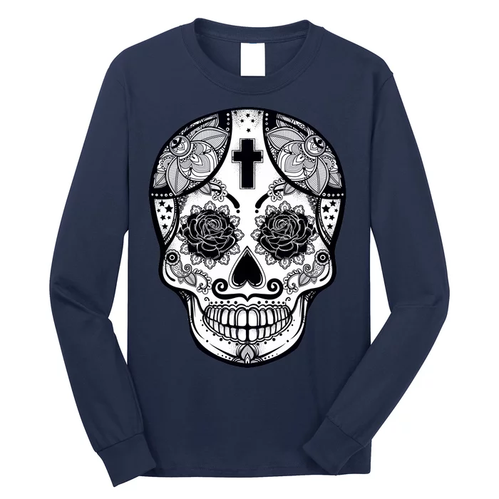 Grey Style Flower Skull Skeleton Graphic Long Sleeve Shirt