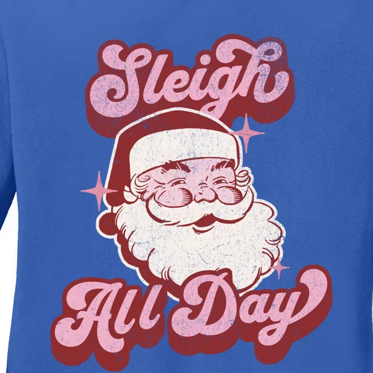 Groovy Retro Funny Christmas Pink Santa Sleigh All Day Gift Ladies Long Sleeve Shirt