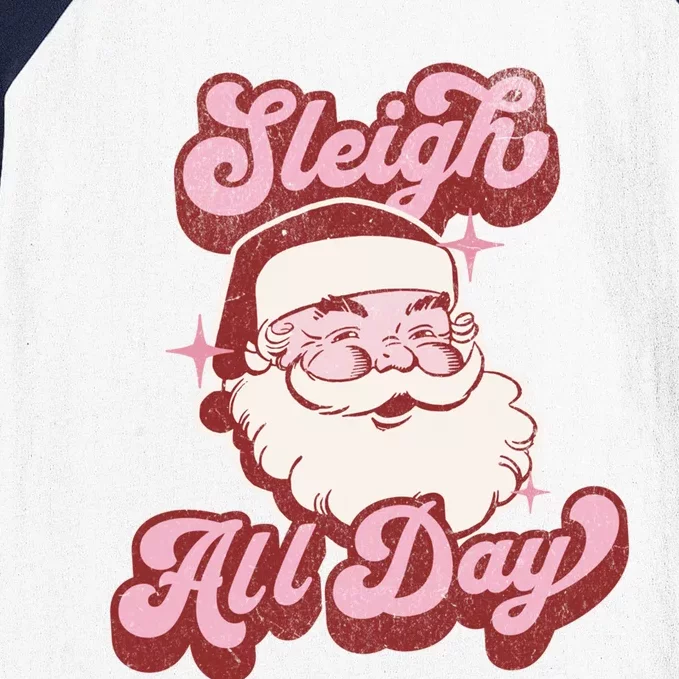 Groovy Retro Funny Christmas Pink Santa Sleigh All Day Gift Baseball Sleeve Shirt