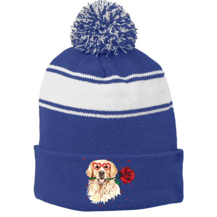 Golden Retriever Face Heart Glasses Valentines Day Dog Lover Gift Stripe Pom Pom Beanie