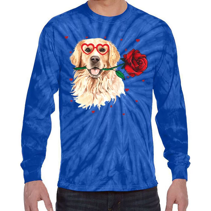 Golden Retriever Face Heart Glasses Valentines Day Dog Lover Gift Tie-Dye Long Sleeve Shirt