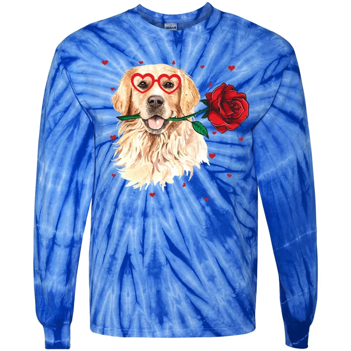 Golden Retriever Face Heart Glasses Valentines Day Dog Lover Gift Tie-Dye Long Sleeve Shirt