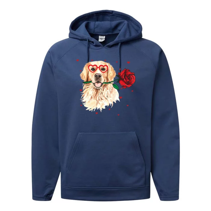 Golden Retriever Face Heart Glasses Valentines Day Dog Lover Gift Performance Fleece Hoodie