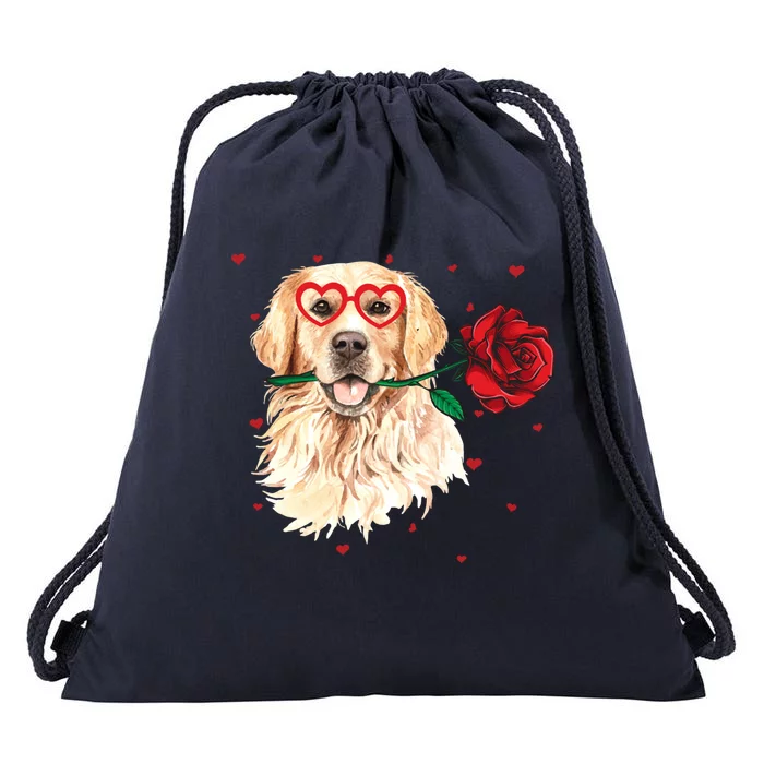 Golden Retriever Face Heart Glasses Valentines Day Dog Lover Gift Drawstring Bag