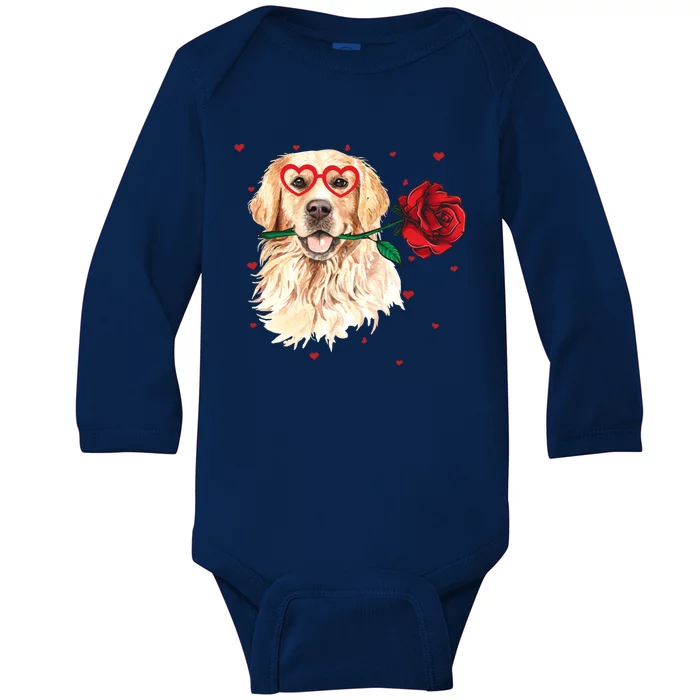 Golden Retriever Face Heart Glasses Valentines Day Dog Lover Gift Baby Long Sleeve Bodysuit