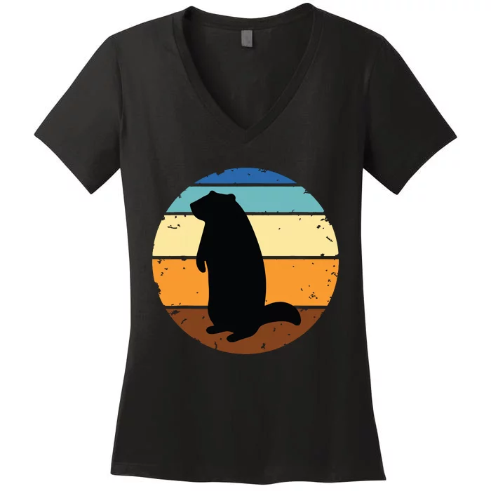 Groundhog Retro Funny Woodchuck Groundhog Day Women's V-Neck T-Shirt