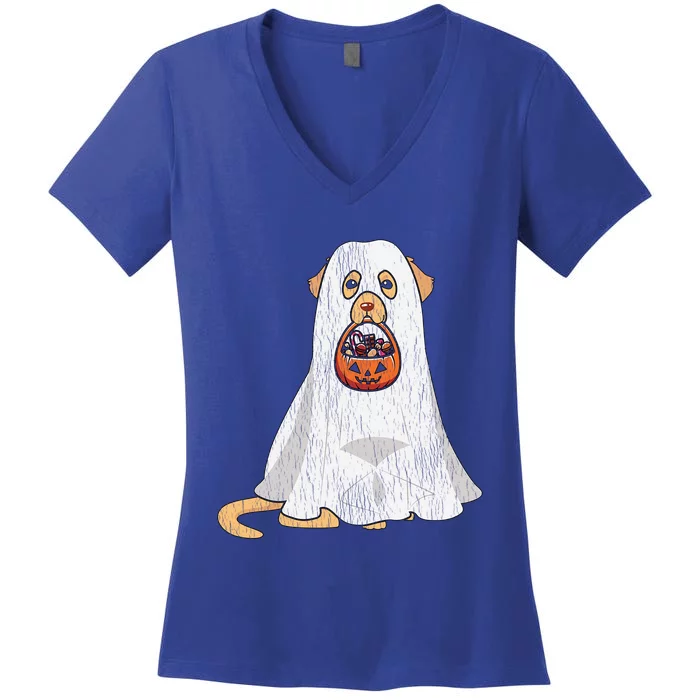 Golden Retriever Ghost Dog Mom Dad Trick Or Treat Halloween Gift Women's V-Neck T-Shirt