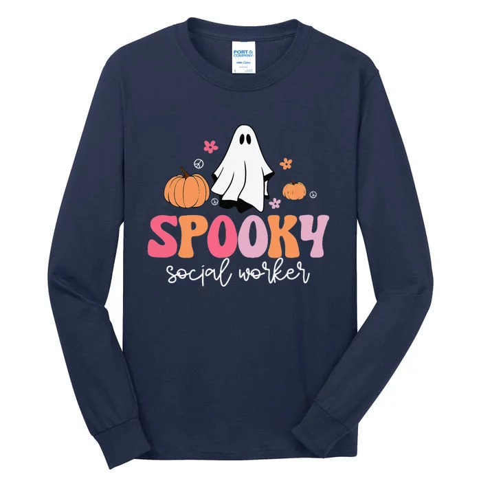 Groovy Retro Ghost Spooky Social Worker Halloween Costume Tall Long Sleeve T-Shirt