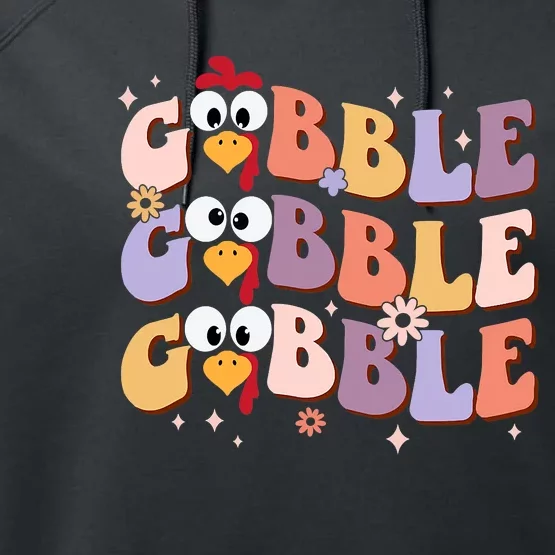 Groovy Retro Gobble Gobble Happy Thanksgiving Turkey Day Performance Fleece Hoodie