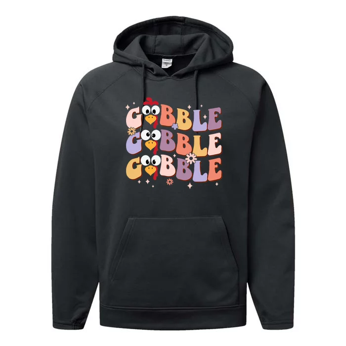 Groovy Retro Gobble Gobble Happy Thanksgiving Turkey Day Performance Fleece Hoodie