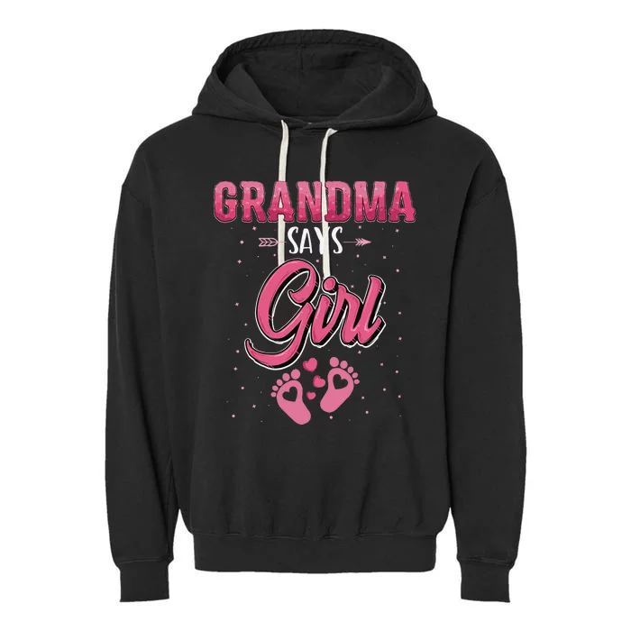 Gender reveal grandma says baby matching family set Garment-Dyed Fleece Hoodie