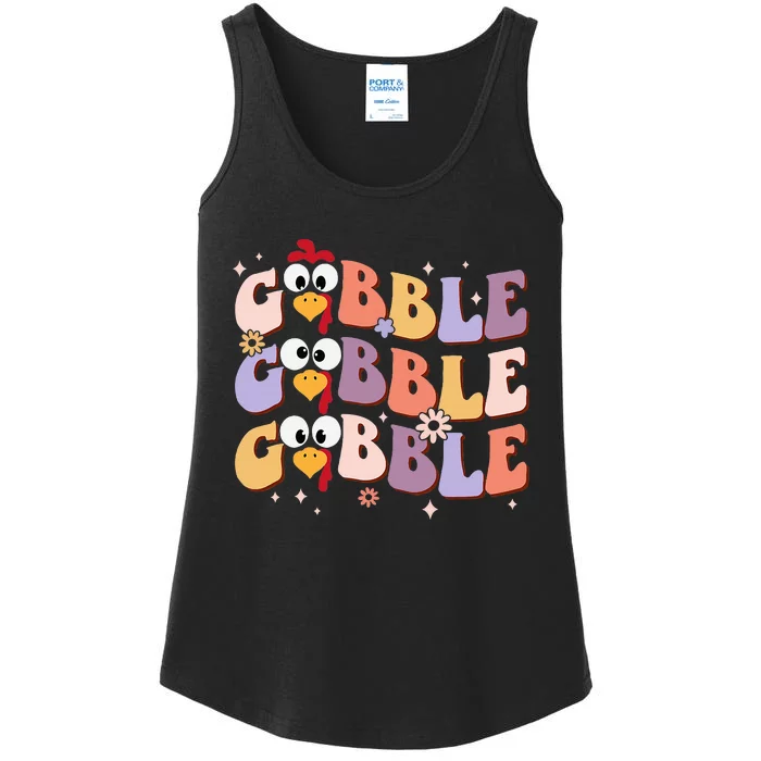 Groovy Retro Gobble Gobble Happy Thanksgiving Turkey Day Ladies Essential Tank