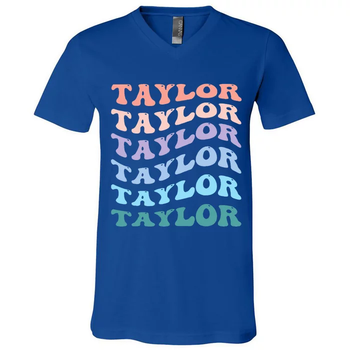 Girl Retro Groovy T.AYLOR First Name Personalized Birthday V-Neck T-Shirt