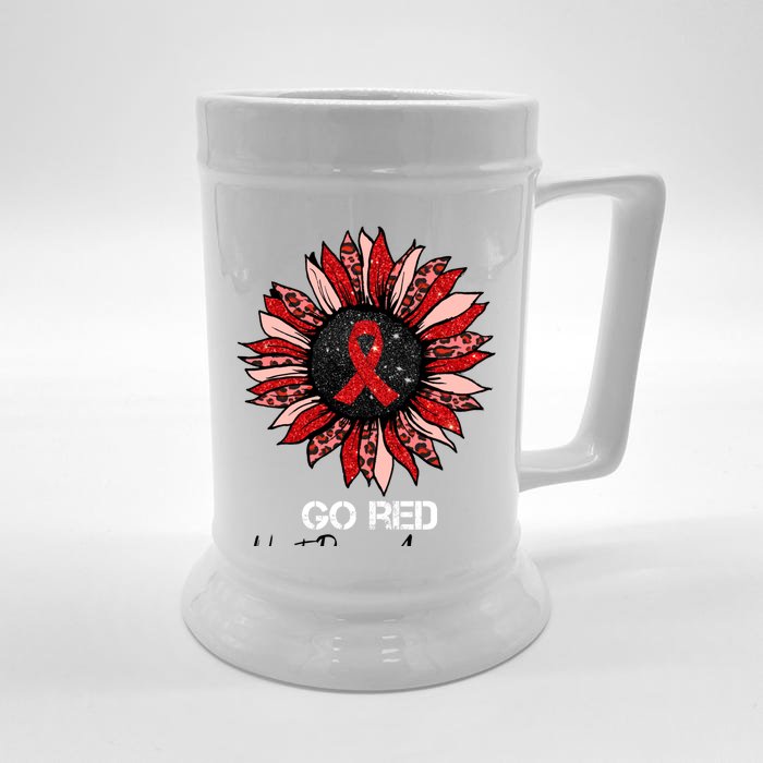 Go Red Heart Disease Awareness Month Ribbon Sunflower Gift Front & Back Beer Stein