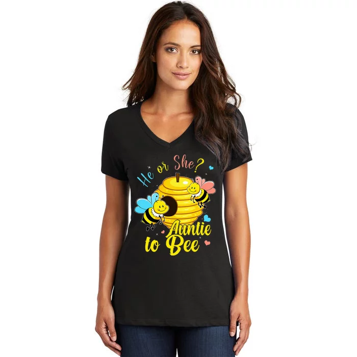 Gender Reveal He Or She Auntie To Bee Baby Announcement Women's V-Neck T-Shirt