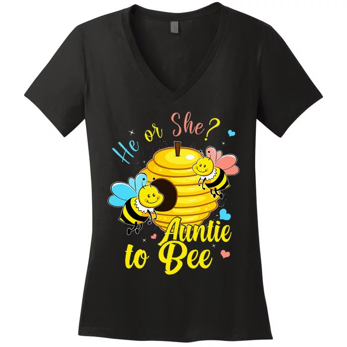 Gender Reveal He Or She Auntie To Bee Baby Announcement Women's V-Neck T-Shirt